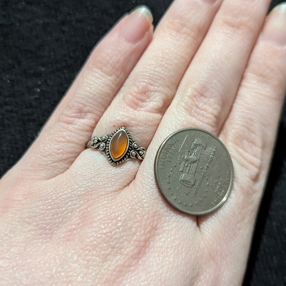 Silver Plated Orange Carnelian Gemstone Marquis Dainty Delicate Statement Ring - Picture 4 of 6